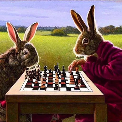 Prompt: rabbits drinking wine and playing chess. Painting of rabbits in sweaters by James Gurney.