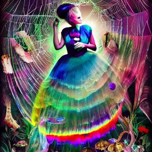 Prompt: Alice in Wonderland with inspiration from Grimes, Zoë Kravitz, Lana Del Rey, Aurora Aksnes , Moriah Rose Pereira, Jellyfish, Snakeskin, spiderwebs, hen of the woods mushroom, goniochromism, iridescence, oil slick, soap bubbles, nacre, opal, illumination, spectrum, prism, aura, thin film, wave interference, moire, pearlescent, refraction, reflective, rainbow, gradient, iris, chroma, diffraction, chromatic aberration, hue, phase shift, palette, focal point, rays, saturation, illumination, color wheel, pigments, glitter, anisotropy, bioluminescence, chromatophores, metachrosis, camouflage, Haliotis iris, tapetum lucidum, snakeskin, feathers, wings, elytra, begonia, bismuth oxide, goethite, iron oxide, labradorite, cloud iridescence, parhelion, compact disc, Aurora borealis, Swarovski crystals, optically variable ink, fireflies, chameleon, Rayleigh scattering, light dispersion, diffuse sky radiation, Tyndall effect, polarization, metallic, opalescence, bleaching, colored smoke, bloom, tie-dye, dye, Stained Glass, Claude Monet, Raphael, Rembrandt, Leonardo DaVinci, Michelangelo, Sandro Botticelli, Johannes Vermeer, Gustav Klimt, Hieronymous Bosch, Paul Cézanne, Reuben, Caravaggio, Pierre-Auguste Renoir, William Blake, John Singer Sargent, Edgar Degas, Albrecht Dürer, Salvador Dalí, Georges Seurat, Henri Matisse, Ivan Shishkin, Ilya Repin, Wassily Kandinsky, Vincent Van Gogh, Jackson Pollock, Georgia O’Keeffe, Andy Warhol, Edward Hopper, Frida Kahlo, René Magritte, Édouard Manet, Amedeo Modigliani, Paul Gauguin, Vincent Van Gogh, Mark Rothko, Egon Schiele, Mary Cassatt, Jean-Michel Basquiat, Roy Lichtenstein, Joan Miró, Francis Bacon, Francisco Goya, David Hockney, Piet Mondrian, Kazimir Malevich, Andrei Rublev, Pablo Picasso, Amedeo Modigliani, Yayoi Kusama, Shepard Fairey —n 9