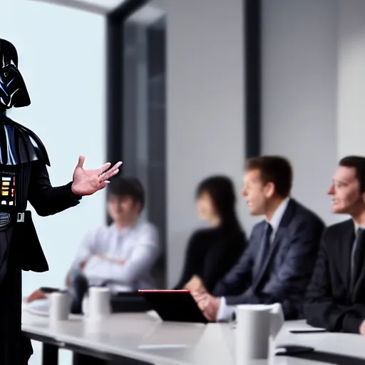 Prompt: photo of darth vader giving presentation in business meeting