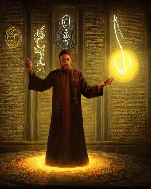 Prompt: photorealist painting of mage reciting an incantation and standing on glowing runes in the middle of dark room, high production value, intricate details, high resolution, hyperrealistic, hdr, high definition, masterpiece, ultra realistic, highly detailed, hd, sharp focus, non blurry, sharp, smooth