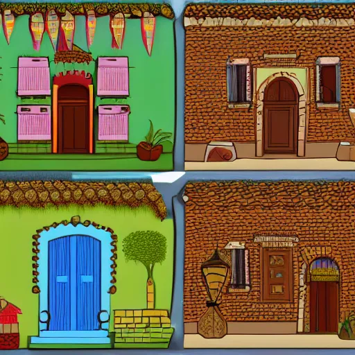 Prompt: A Spanish village. Vector design, Tileable horizontally, Symetric.