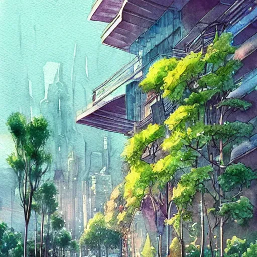 Image similar to Beautiful happy picturesque charming sci-fi city in harmony with nature. Beautiful light. Water and plants. Nice colour scheme, soft warm colour. Beautiful detailed watercolor by Lurid. (2022)