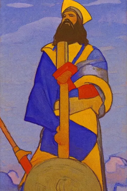 Image similar to thor holding the hammer, marvel, artwork by nicholas roerich,