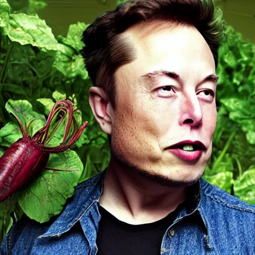 Image similar to Elon Musk skin like beets, in the garden, super realistic photo