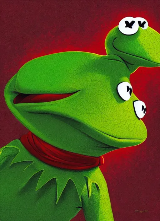 Prompt: Portrait of Kermit the frog, Kilian Eng, Dan Mumford, Jason Edmiston, detailed