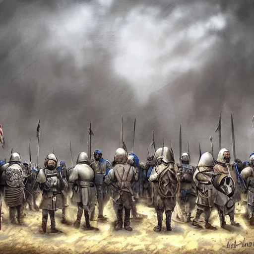 Image similar to realistic, few medieval soldiers, in line, ready fo battle, blue flagg, mist, up facing, epic, digital art, illustration, fantasy, realistic sketch, dark