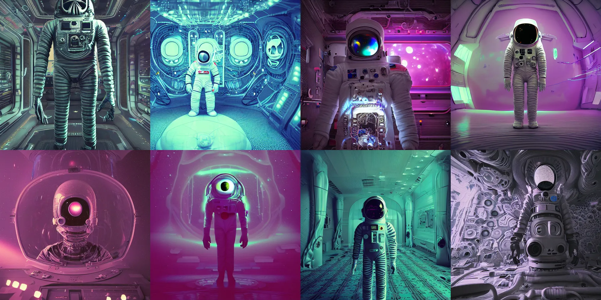 Prompt: creepy astronaut, cosmic horror, abstract, ghostly, arcade, duotone, poltergeist, lets get weird, intricate, elegant, highly detailed, smooth, sharp focus, unreal engine 5, raytracing, in the style of beeple and mike winkelmann, ultraviolet colors,