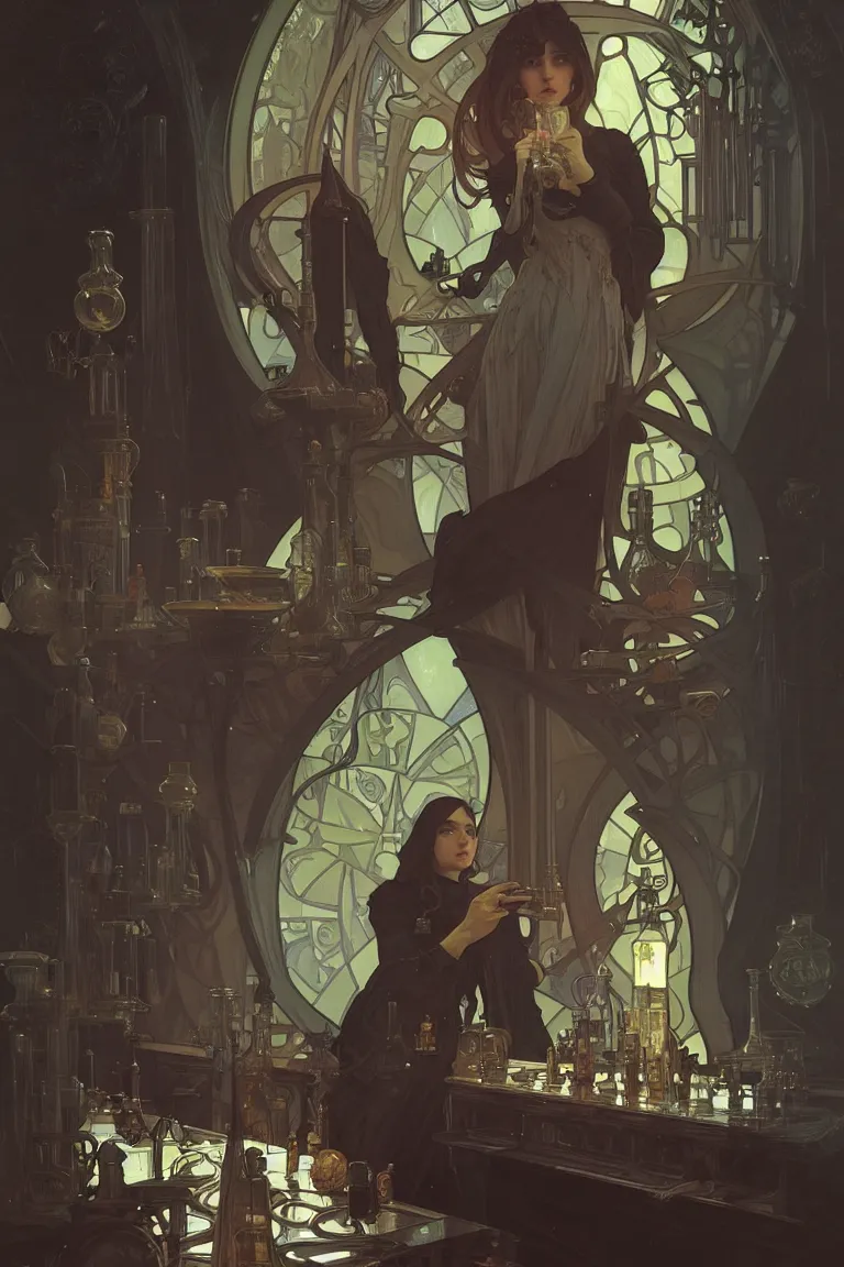 Prompt: portrait of an alchemist in a magic laboratory, by greg rutkowski and alphonse mucha, d & d character, gradient black to silver, medevial interior background, highly detailed portrait, digital painting, artstation, concept art, smooth, sharp focus ilustration, artstation hq