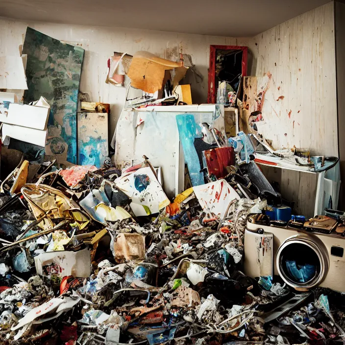 Image similar to trashed modern home interior, color photograph, canon eos c 3 0 0, ƒ 1. 8, 3 5 mm, 8 k, medium - format print