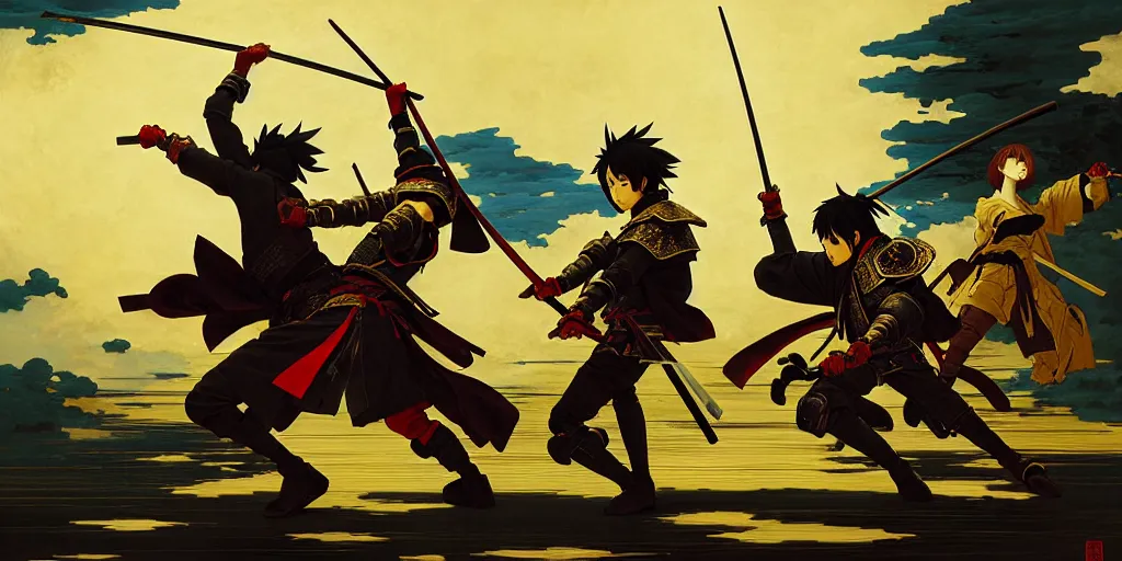 Image similar to baroque oil painting of key visual samurai battle, japanese armor, brutalist fantasy, realism, rule of thirds golden ratio, fake detail, trending pixiv fanbox, acrylic palette knife, style of makoto shinkai ghibli takashi takeuchi yoshiyuki sadamoto jamie wyeth james gilleard greg rutkowski chiho aoshima