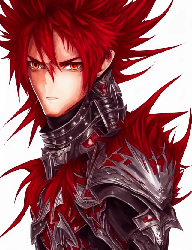 Image similar to a detailed manga portrait of a handsome tall man with spiked crimson hair in fiery crimson crystalline armour, trending on artstation, digital art, 4 k resolution, detailed, high quality, sharp focus, hq artwork, coherent, insane detail, character portrait