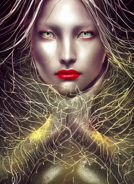 Image similar to glowing silver and golden elements, full close-up portrait, female model, dark witch, book cover, green forest, white moon, red lips, establishing shot, extremly high detail, photo-realistic, cinematic lighting, pen and ink, intricate line drawings, by Yoshitaka Amano, Ruan Jia, Kentaro Miura, Artgerm, post processed, concept art, artstation, matte painting, style by eddie, raphael lacoste, alex ross