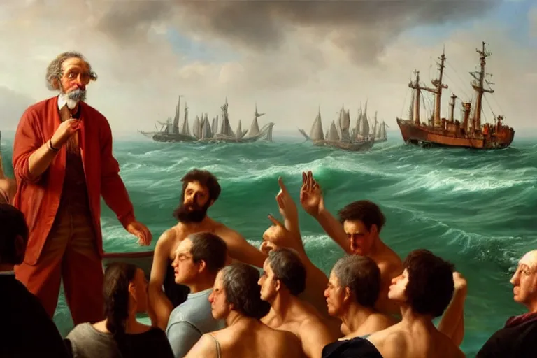 Image similar to ( ( a beautiful 8 k photorealistic masterpiece oil painting ) ( of ( philosopher lecturing to an audience while ship is sinking on the background ) ) ) ( hyperrealism ) ( 1 6 k ) ( trending on artstation )