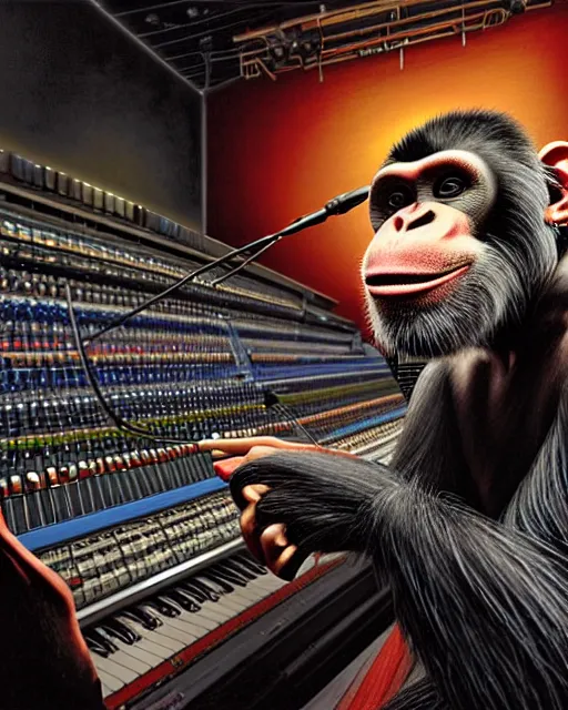 Image similar to looking over the sound board into the soundbooth a portrait of an anthropomorphic rockstar chimp singing into a microphone by sandra chevrier, by jon foster, detailed render, tape deck, epic composition, cybernetics, 4 k realistic, cryengine, realistic shaded lighting, sharp focus, masterpiece, by enki bilal