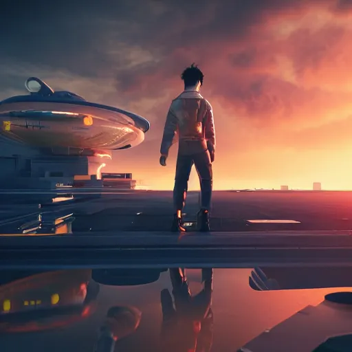 Prompt: cinematic still of a male athetic japanese standing next to a spaceship, dramatic clouds, city in the distant on fire, unreal engine 5 digital art