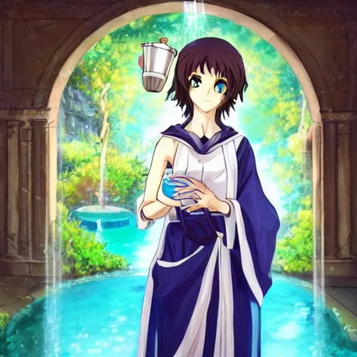 Image similar to an anime waifu in a greek attire pouring water out of a vase into a fountain, spanish ghibli alleyway, symmetrical face, symmetrical eyes, detailed and defined eyes,