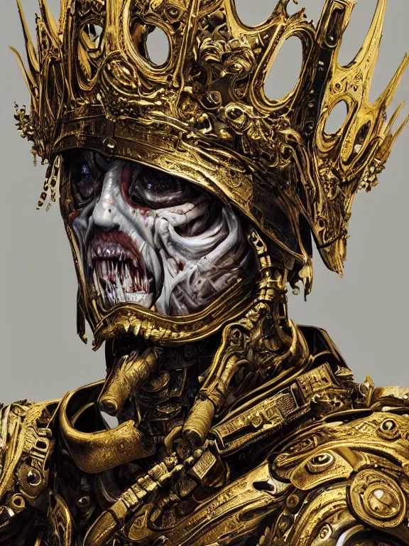 Prompt: portrait art of 8k ultra realistic undead king,detailed gold crown, intricate ornate armour,decaying, cybernetic, full of colour, cinematic lighting, battered, trending on artstation, 4k, hyperrealistic, focused, extreme details,unreal engine 5, cinematic, masterpiece, art by ayami kojima, giger