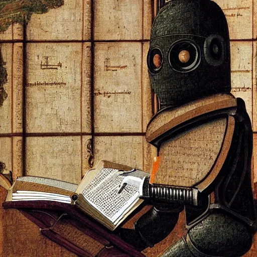 Image similar to a robot reading a book by leonardo da vinci