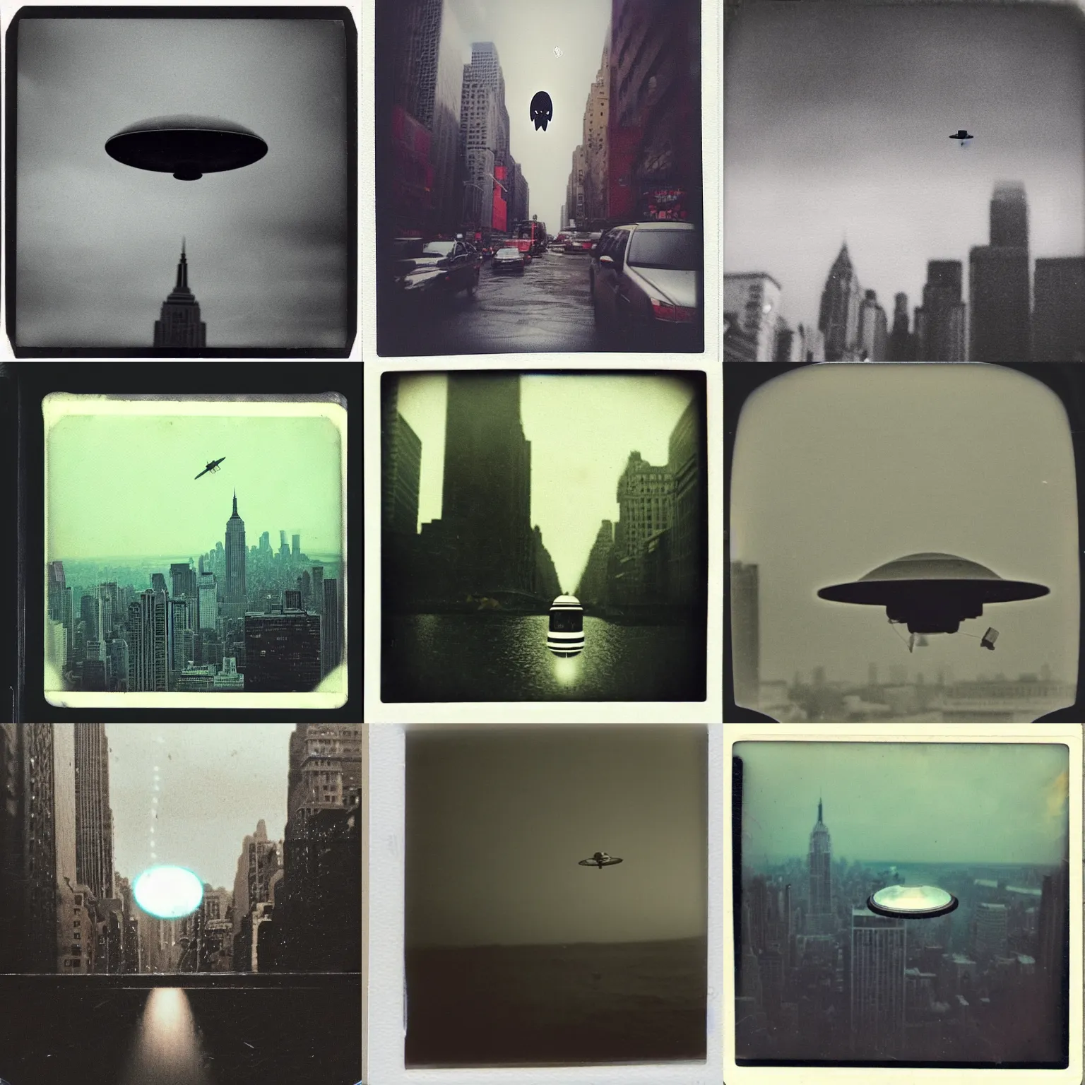 Prompt: an aged polaroid photo catching a glimpse of a small ufo flying above new york, gloomy, grainy, rainy