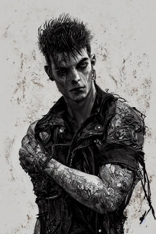 Prompt: a rough looking young man, shaved head, gothic, tattered leather coat, intricate, elegant, dramatic lighting, rugged face, highly detailed, lifelike, photorealistic, digital painting, artstation, illustration, concept art, smooth, sharp focus, art by John Collier and Albert Aublet and Krenz Cushart and Artem Demura and Alphonse Mucha