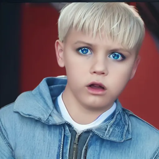 Image similar to an in-game screenshot of blonde hair blue eyed boy in rap music video