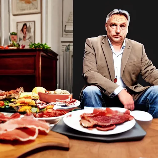 Image similar to portrait of viktor orban proudly sitting behind a table full of bacon