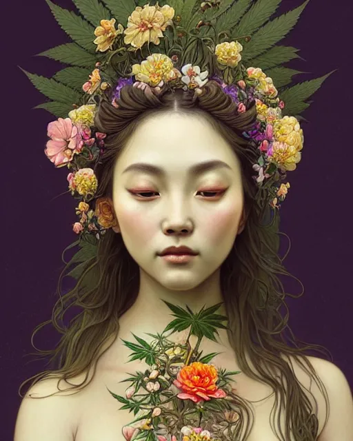 Image similar to portrait of goddess gaea, flowery face, upper body, decorated with cannabis flowers, traditional chinese art, intricate, elegant, highly detailed, digital painting, artstation, concept art, smooth, sharp focus, illustration, art by artgerm and greg rutkowski and alphonse mucha, 8 k