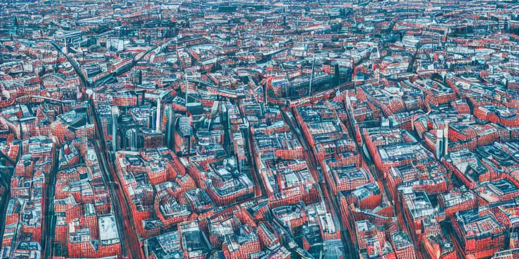 Image similar to drone view of a Germany Berlin city with a large road through, Brutalist architecture,Cyberpunk,sharp focus,telephoto lens,3D digital art 4k