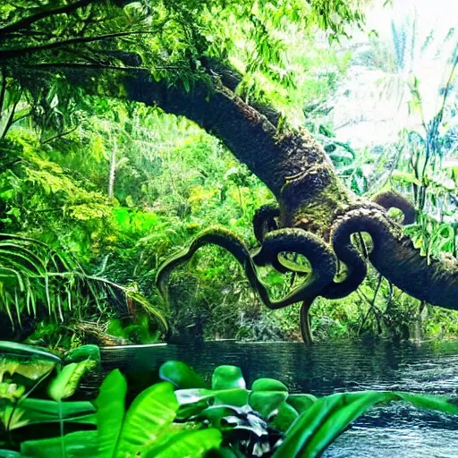 Image similar to a jungle, river with low hanging plants, flowers on the water, there is a giant octopus climbing up a tree, great photography, ambient light