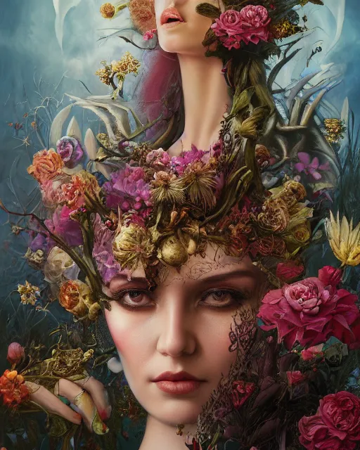 Prompt: portrait of the ukrainian queen of the underworld, surrounded by flowers by karol bak, james jean, tom bagshaw, rococo, sharp focus, trending on artstation, cinematic lighting, hyper realism, octane render, 8 k, hyper detailed.