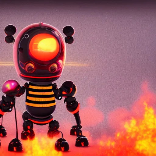 Image similar to full shot,a painting of cute robot bee with big eyes made of flame,Ford, Henry Justice,trending on artstation,3d octane render,High detail