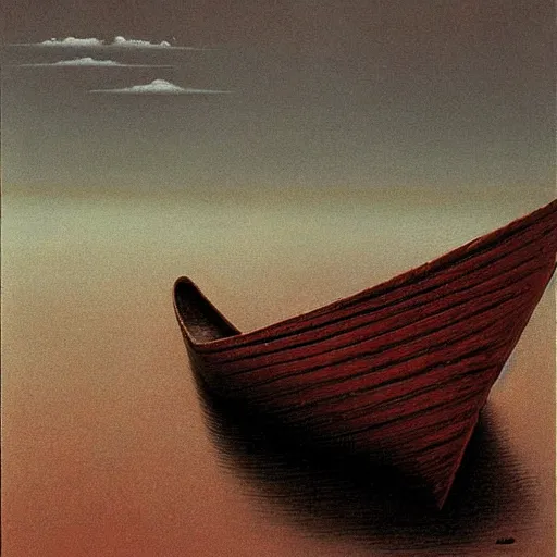 Image similar to a skiff by Zdzisław Beksiński, oil on canvas