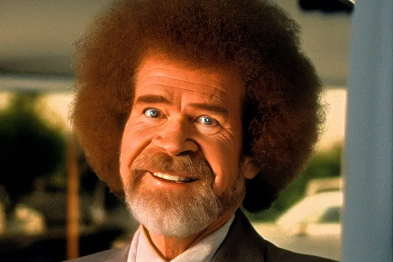 Prompt: a film still of Bob Ross as used car salesman, dramatic lighting