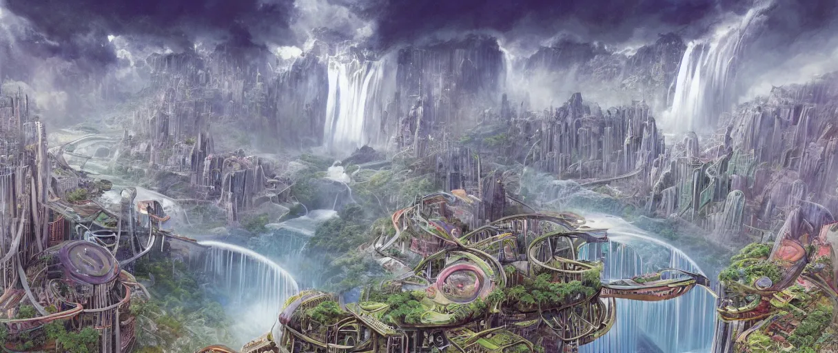 Prompt: A beautiful illustration of a futuristic city of bridges built on a world of waterfalls by Robert McCall and Ralph McQuarrier | sparth:.2 | Time white:.2 | Rodney Matthews:.2 | Graphic Novel, Visual Novel, Colored Pencil, Comic Book:.6 | unreal engine:.3 | | viewed from above | establishing shot:.7