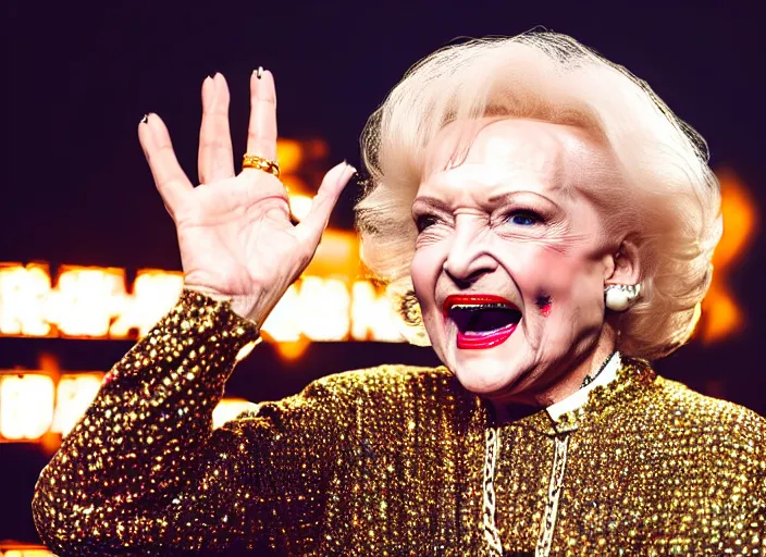 Image similar to publicity photo still of betty white as a gangsta rapper covered in gold chains, with grills in teeth and wearing a jumpsuit live on stage, 8 k, live concert lighting, mid shot