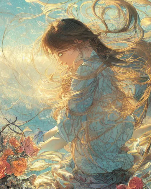 Image similar to a girl waking up in the morning, full shot, visible face, ambient lighting, detailed, art by ayami kojima, makoto shinkai, kilian eng