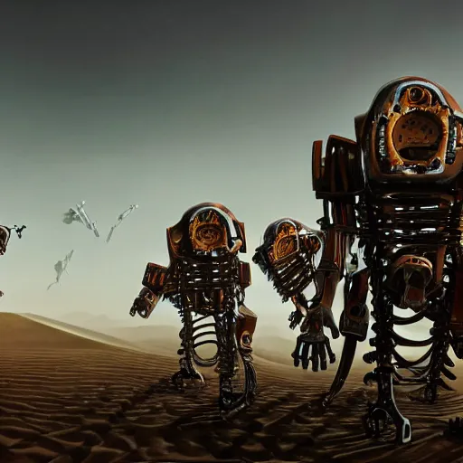 Prompt: painting of a dozen different buried biomechanical robots in the desert, oasis, 4 k. cinematic. epic.