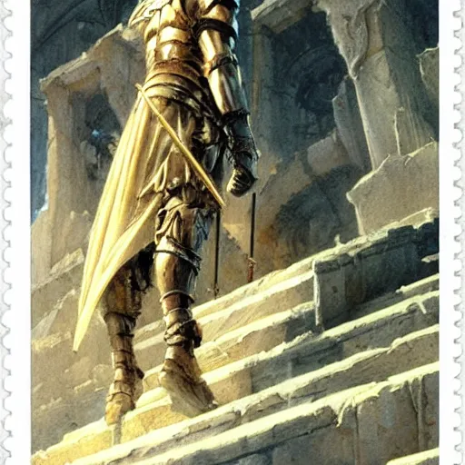 Prompt: simple clear Heroic Paladin Dsurion ascends the stairway to valhalla Hand Crafted By Rodin. Painting by greg rutkowski Donato Giancola Jeff Simpson norman rockwell stamp watercolor