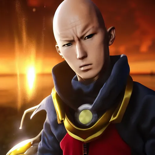 Image similar to a portrait of saitama as a genshin impact, ingame shot from genshin impact, wet reflections, unreal engine 5, intricate details, fantasy, hyper realism, humongous view, rtx, smooth, cinematic