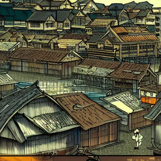 Image similar to japanese fishing town, japanese city, underground city, 2 0 0 1 anime, cel - shading, compact buildings, sepia sunshine