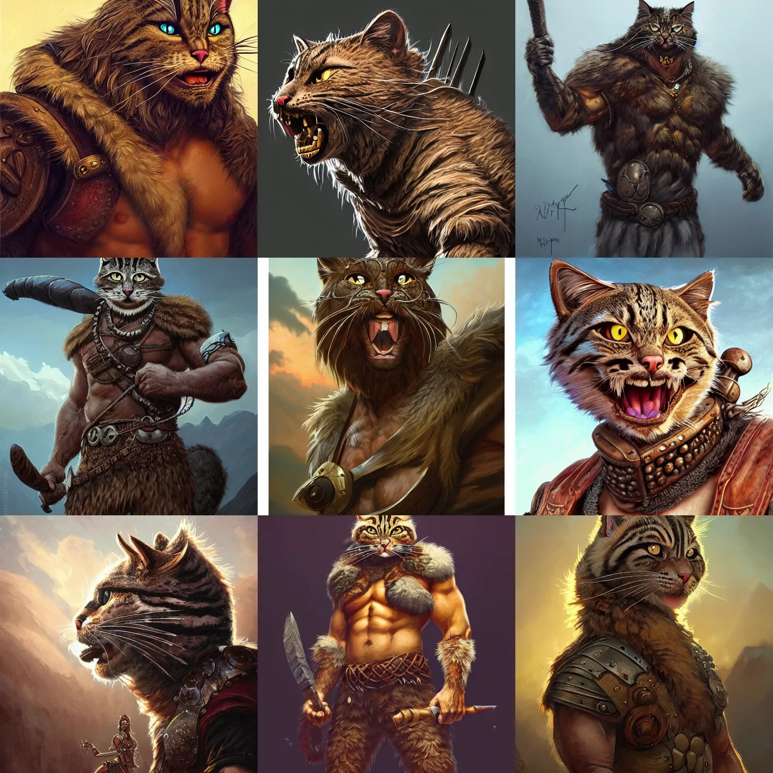 Prompt: anthropomorphic rugged cat!!! oversized barbarian furry muscular armored upper body long hair, 👅 👅 , D&D, fantasy, intricate, elegant, highly detailed, digital painting, artstation, concept art, smooth, sharp focus, illustration, art by artgerm and beeple and greg rutkowski and alphonse mucha