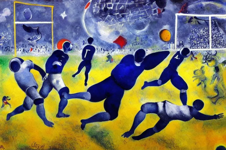 Image similar to ! dream a futuristic football game, painting by chagall, trending on artstation