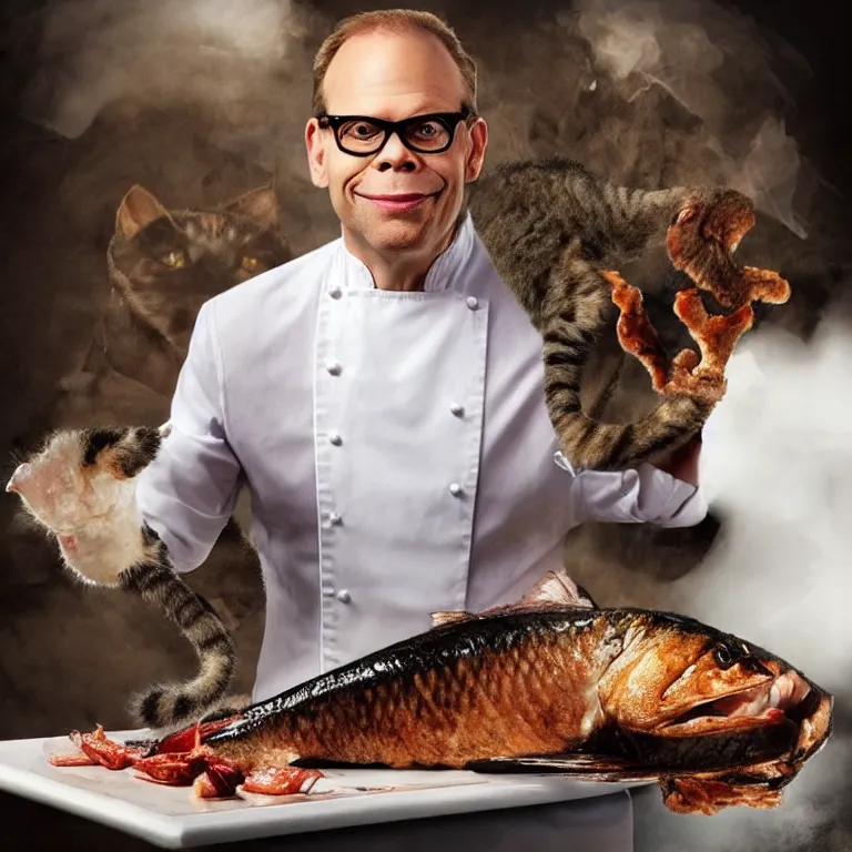 Prompt: “celebrity chef Alton Brown as a cat cooking a whole fish, digital art, 8k, trending on artstation”