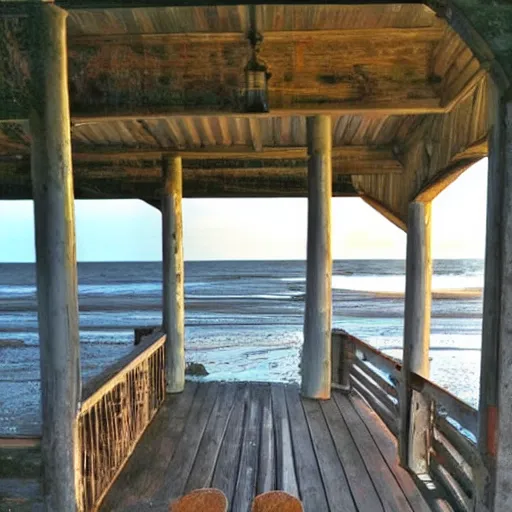 Prompt: seaside wickered furniture, cool morning, open breezeway, blue hour, old weathered wood, solitude and safety forever