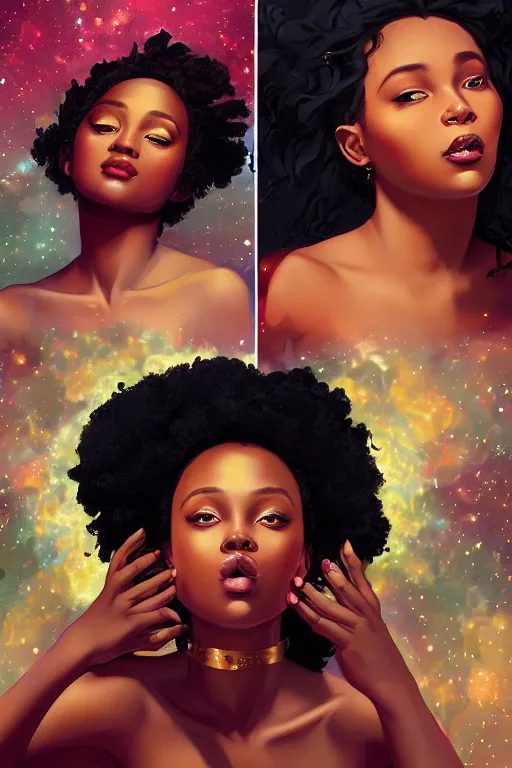 Prompt: beautiful black girl magic, shining glory in front of nebulae bursting halos, crisp digital painting by artgerm, by mucha by caravaggio and face by wlop