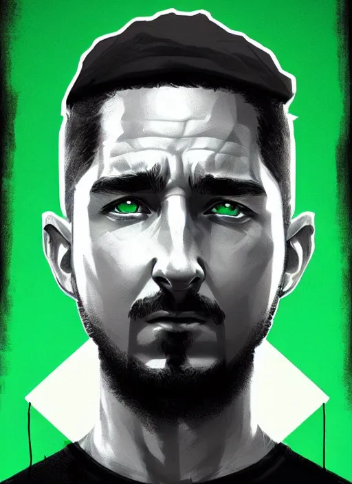 Image similar to highly detailed closeup portrait motivational poster of shia lebouf with large bold letter motivational words by greg rutkowski, by artgerm, gradient green, black and white color scheme, black border