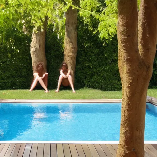 Image similar to womanlegs in the swimming pool with some trees in the garden