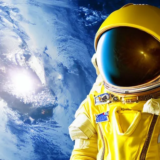 Image similar to astronaut in space, galactic background reflections on suit on one side and a yellow planet on the other side