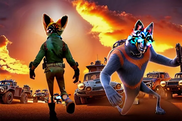 Image similar to nick wilde ( from zootopia ), heavily armed and armored facing down armageddon in a dark and gritty reboot from the makers of mad max : fury road