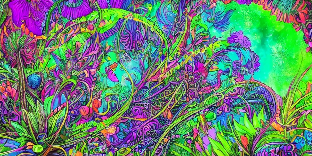 Prompt: 8k detailed psychedelic abstract illustration a exotic garden with neon flowers, detailed, intricate, elegant, highly detailed, digital painting, artstation, smooth, sharp focus
